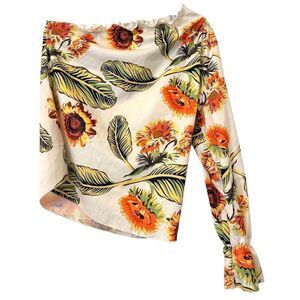 Shein Floral Ruffle One Shoulder Long Sleeve Blouse Ivory Green Large